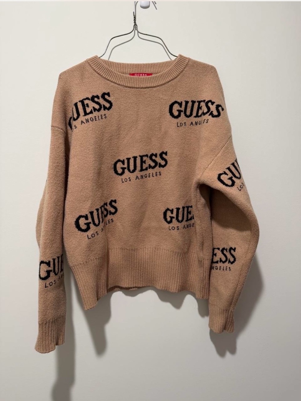 Guess Tan Crewneck Sweater with Black Logo Print